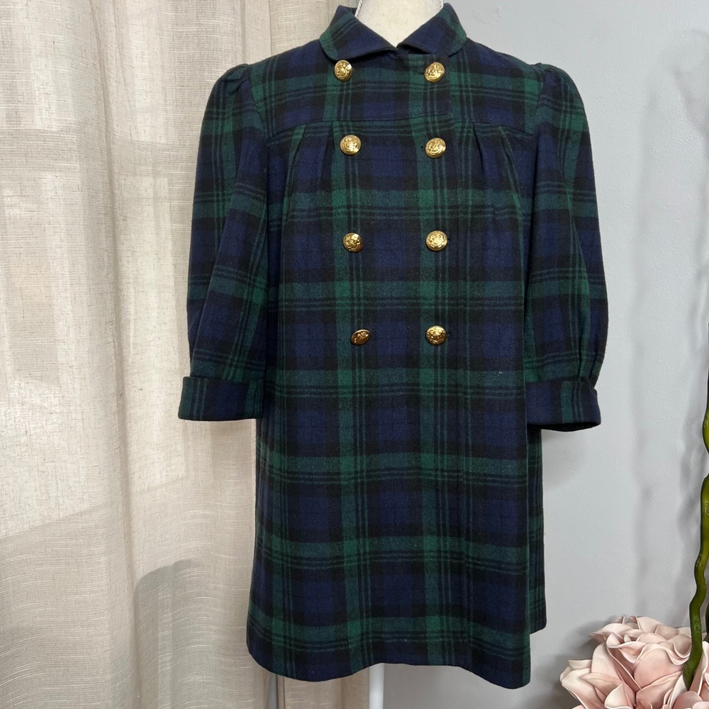 Y2K Vintage Betsey‎ Johnson Plaid Wool Jacket 3/4 Sleeves Green USA Women's 6